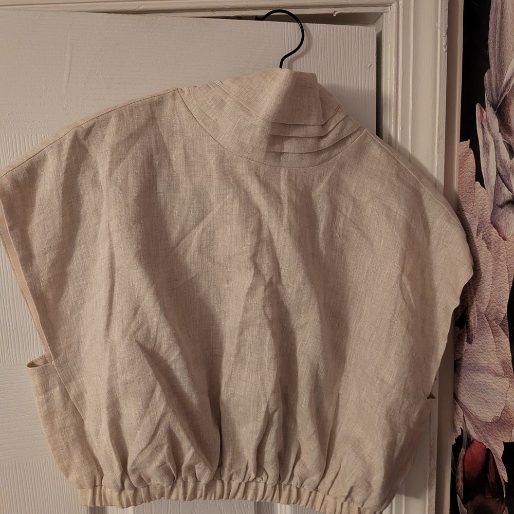 Beige Linen Elastic Hem  Crop Top